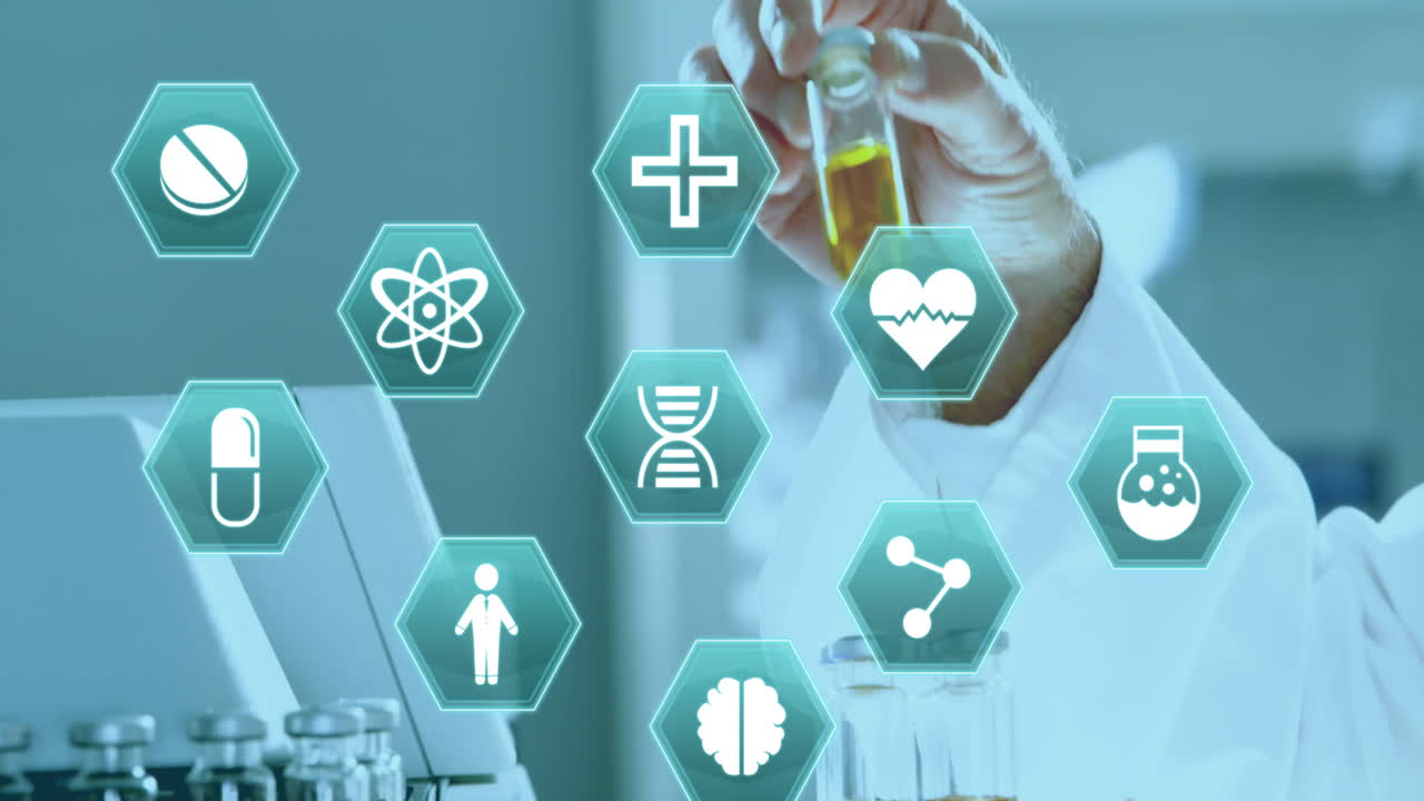 실험실에서 일하는 과학자에 대한 의학 아이콘