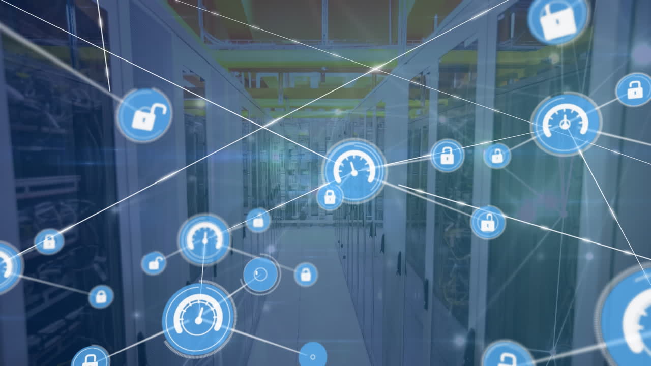 Animation of network of connections with icons over server room