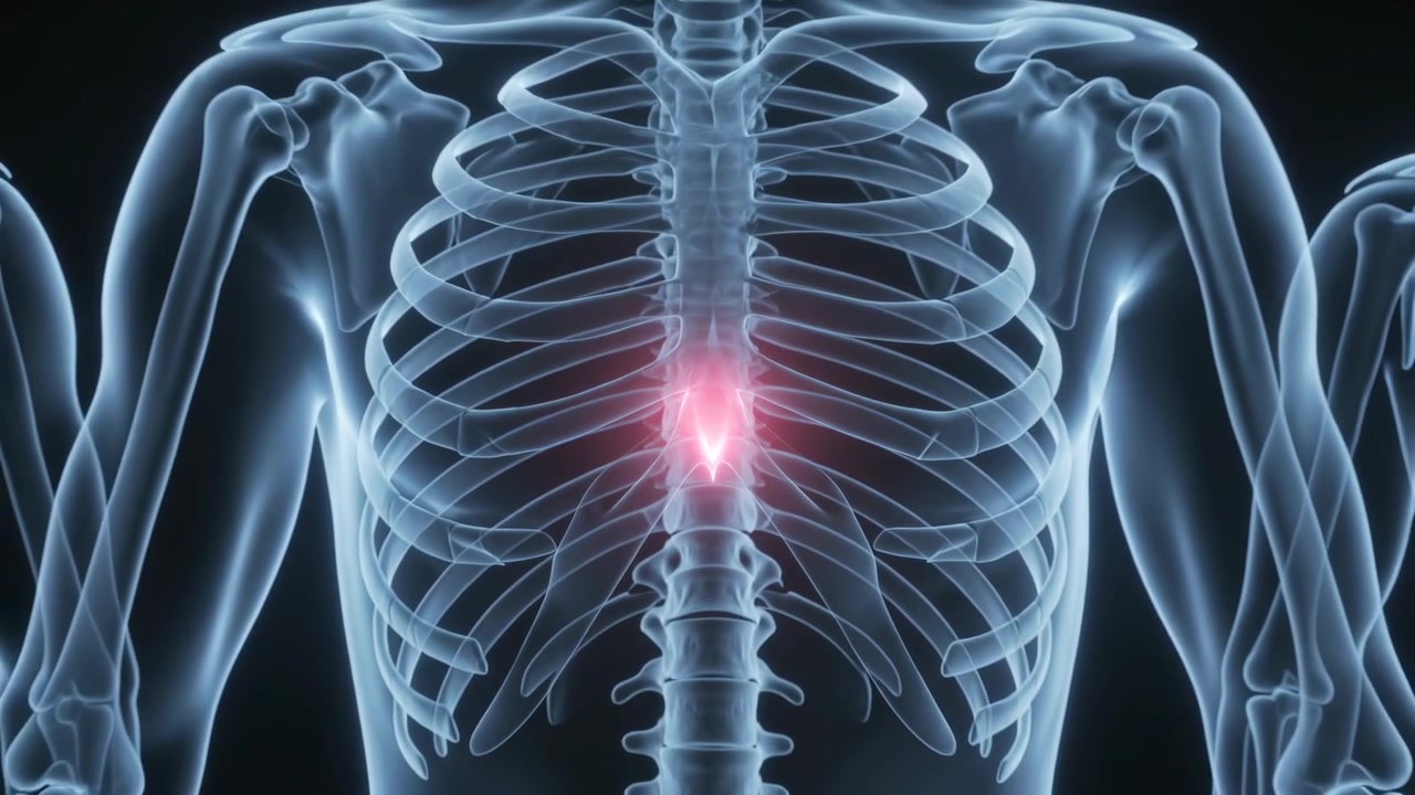 La telecamera che zooma rivela una gabbia toracica con uno sterno rosa pulsante che si illumina, aggiungendo sagome per l'anatomia.
