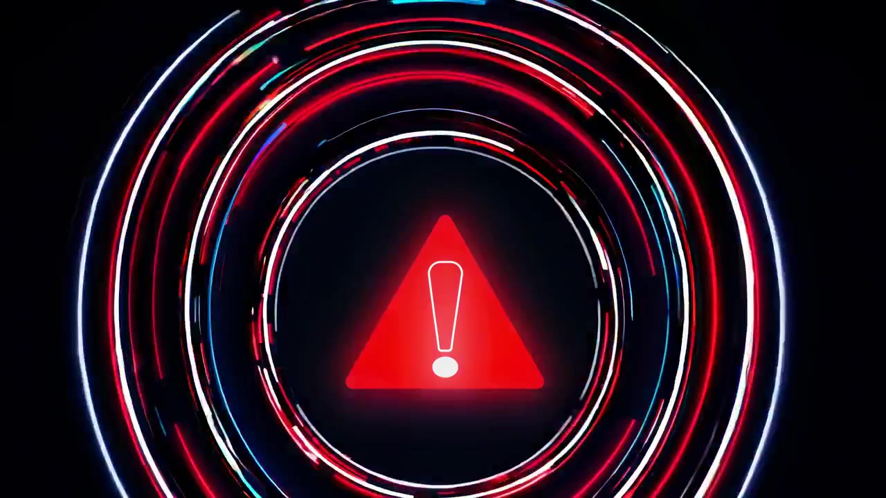 A top-down view of a digital warning sign with a red exclamation mark, surrounded by dynamic