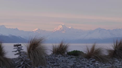 Steingarten-Und-Büsche-Vor-Dem-Faszinierenden-Mount-Cook-Bei-Sonnenuntergang