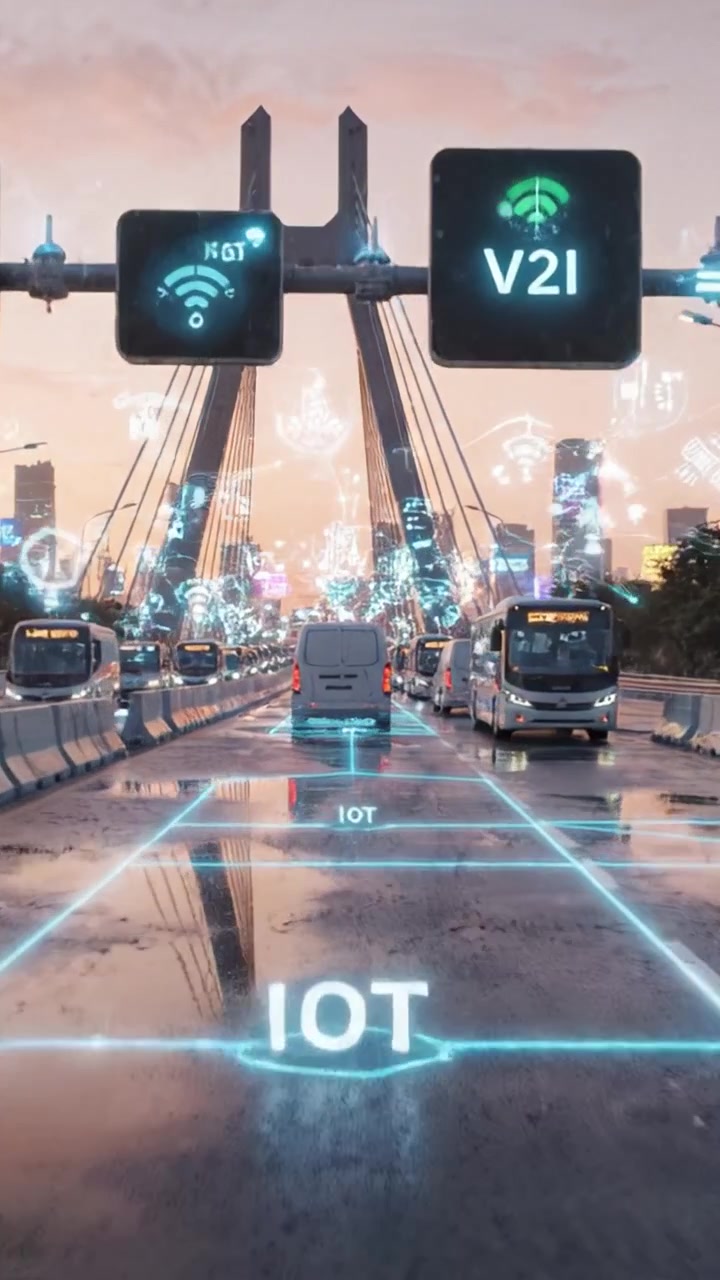 Una vivace scena di ponte urbano che mostra la tecnologia moderna mentre i veicoli attraversano la strada e le connessioni digitali illuminano il paesaggio urbano serale.