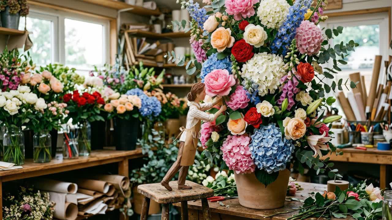 Animazione in stop motion di una bambola che compone un grande mazzo di fiori.