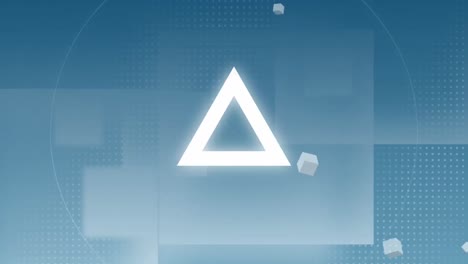 animation of flashing white triangle and circles with floating grey cubes, on blue dots and squares