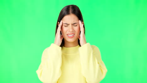 Green-screen,-headache-and-woman-isolated