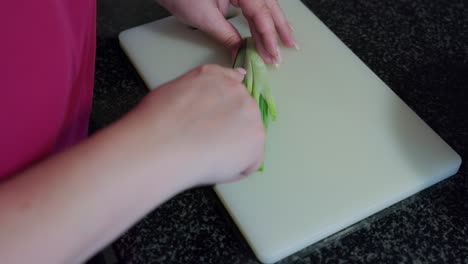 handheld shot of woman's hands cutting welsh onion on a white board, interior