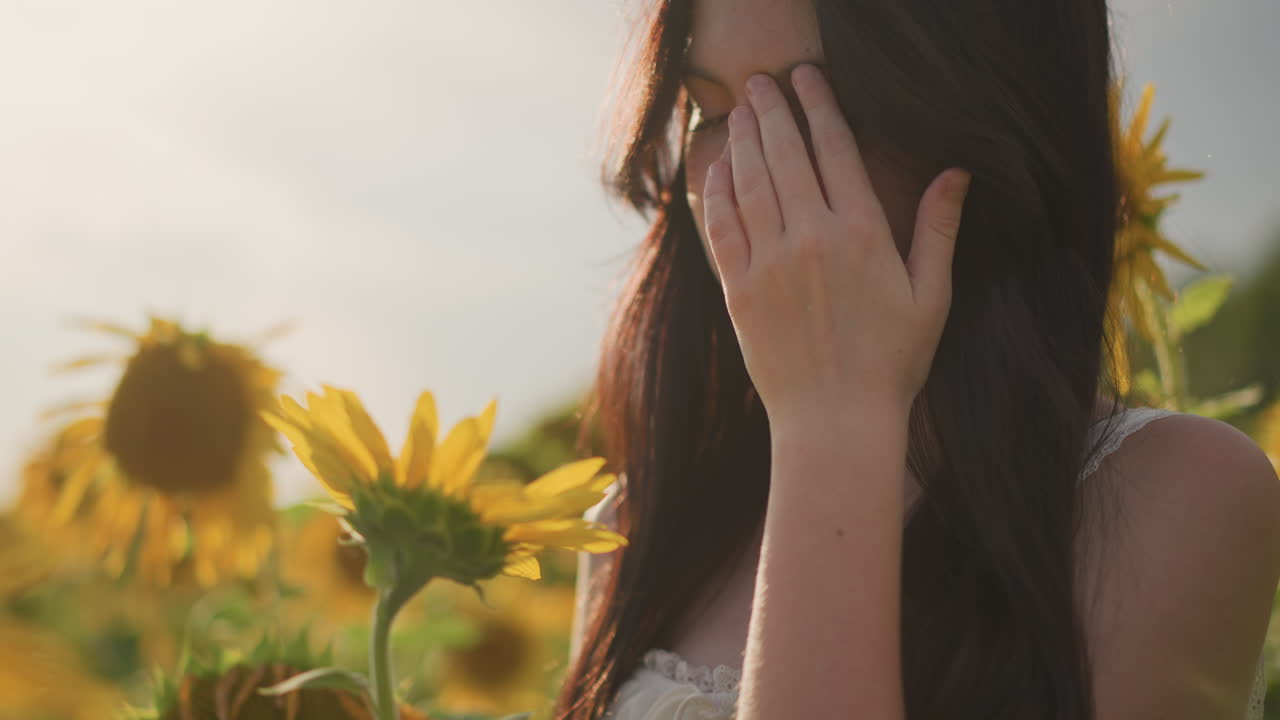 Sunlit woman with floral accessories, Young woman admiring beauty in bright countryside landscape, Young blonde woman wearing bohemian jewelry in sunlit sunflower meadow capturing serene mood