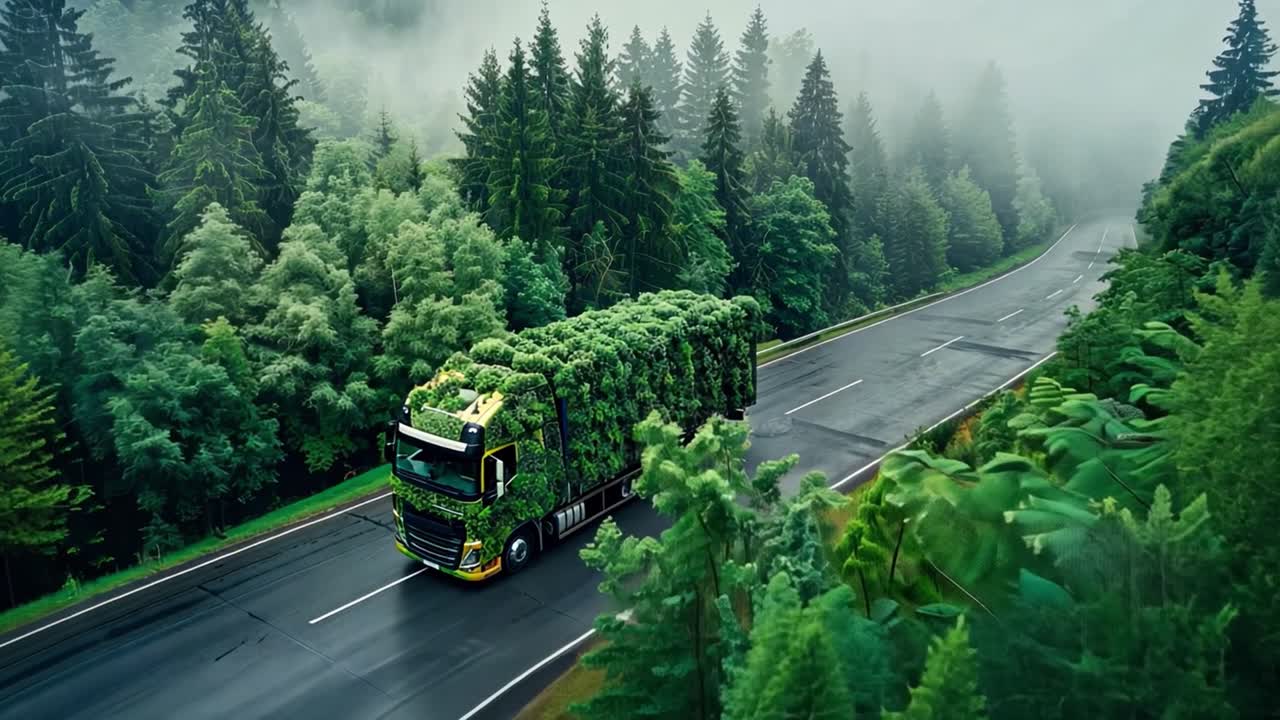 Eco-Friendly Truck Driving Through a Lush Forest