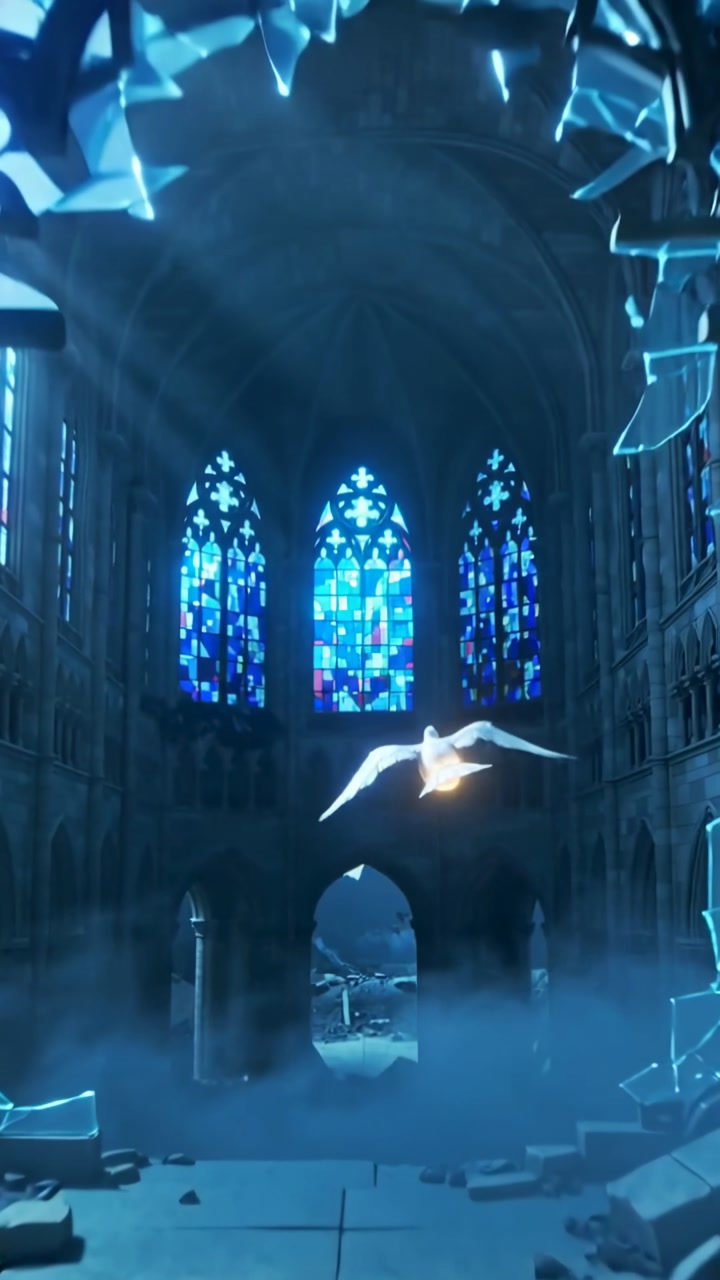 Vertical video: Warm chest light drawing white dove flying from rose window into ruined nave