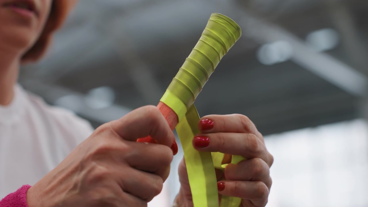 Mani larghe applicano il grip da badminton sullo sfondo di uno stadio indoor, overgrip luminoso che si tende sull'impugnatura, ritmo istruttivo, l'inquadratura della telecamera mostra la tecnica e consigli di manutenzione per l'attrezzatura del club.