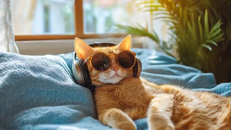 ginger cat listening to music in headphones