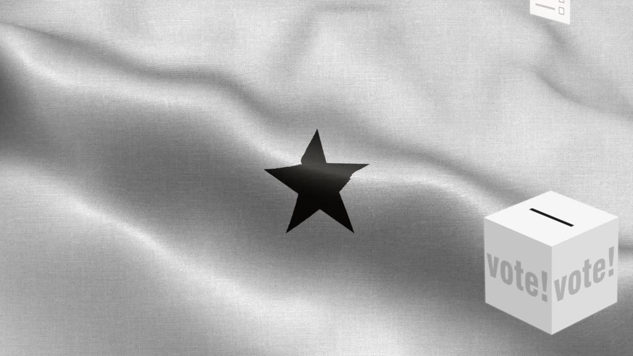 Ballot box in front of flag - Ballots fly to box for Ghana selection - Election - Vote - Flag Of Ghana - Ghana Flag High Detail - National flag Ghana wave Pattern loopable Elements - Fabric texture and endless loop
