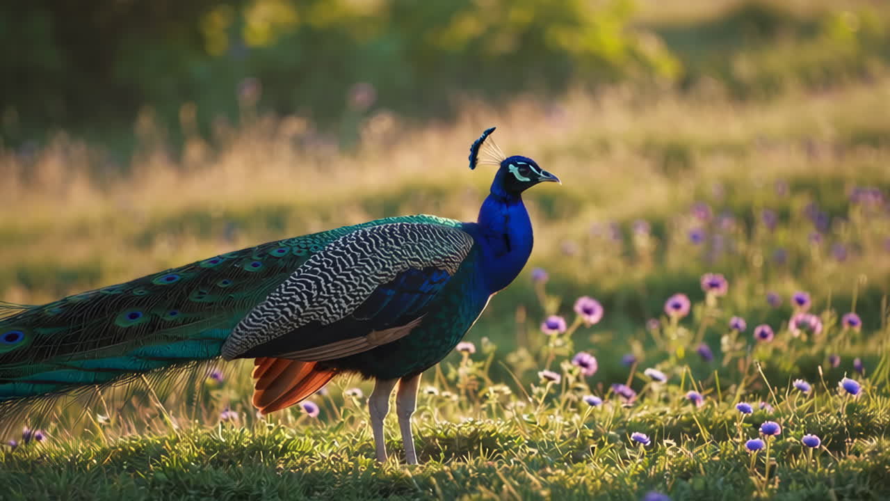 A magnificent peacock stands in a sunlit field amidst purple flowers