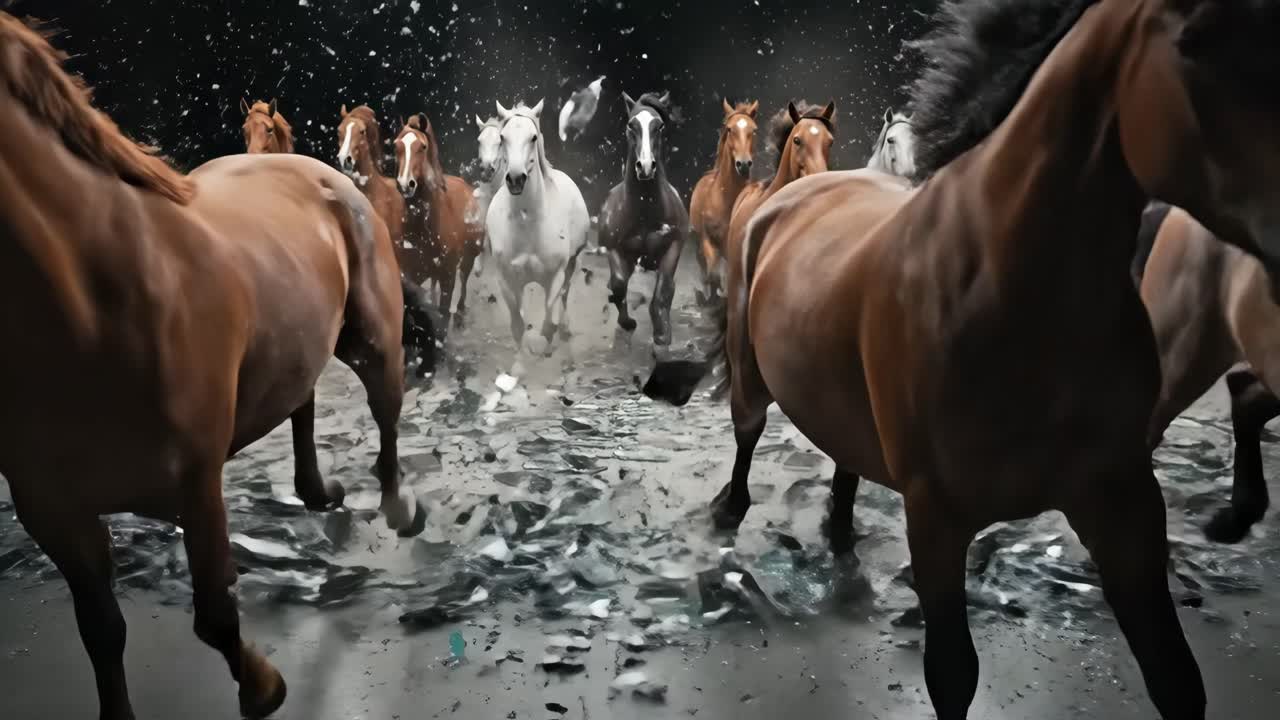 Cavalos selvagens galopando e destruindo smartphones em um estúdio