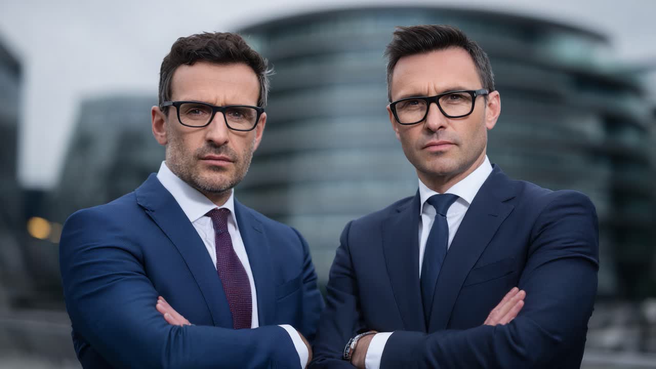 Socios de negocios seguros de sí mismos, con ropa formal y gafas, de pie en el exterior con un moderno fondo urbano