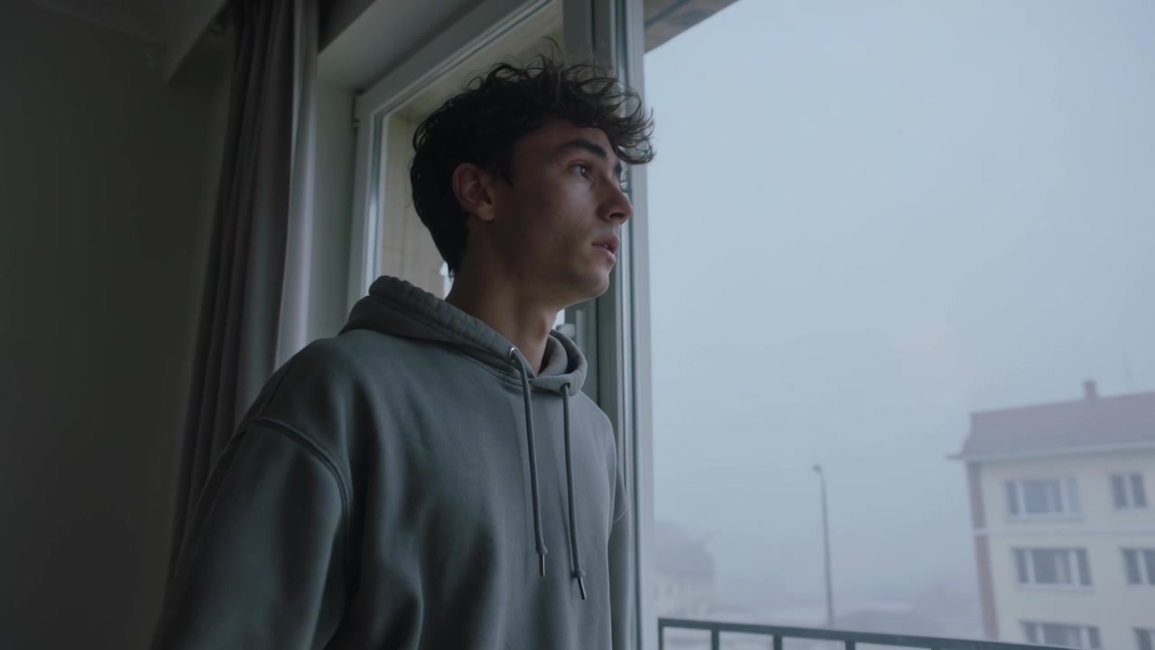 Reacting to fog, man in grey hoodie lowering hands and gazing through sliding door, copy space