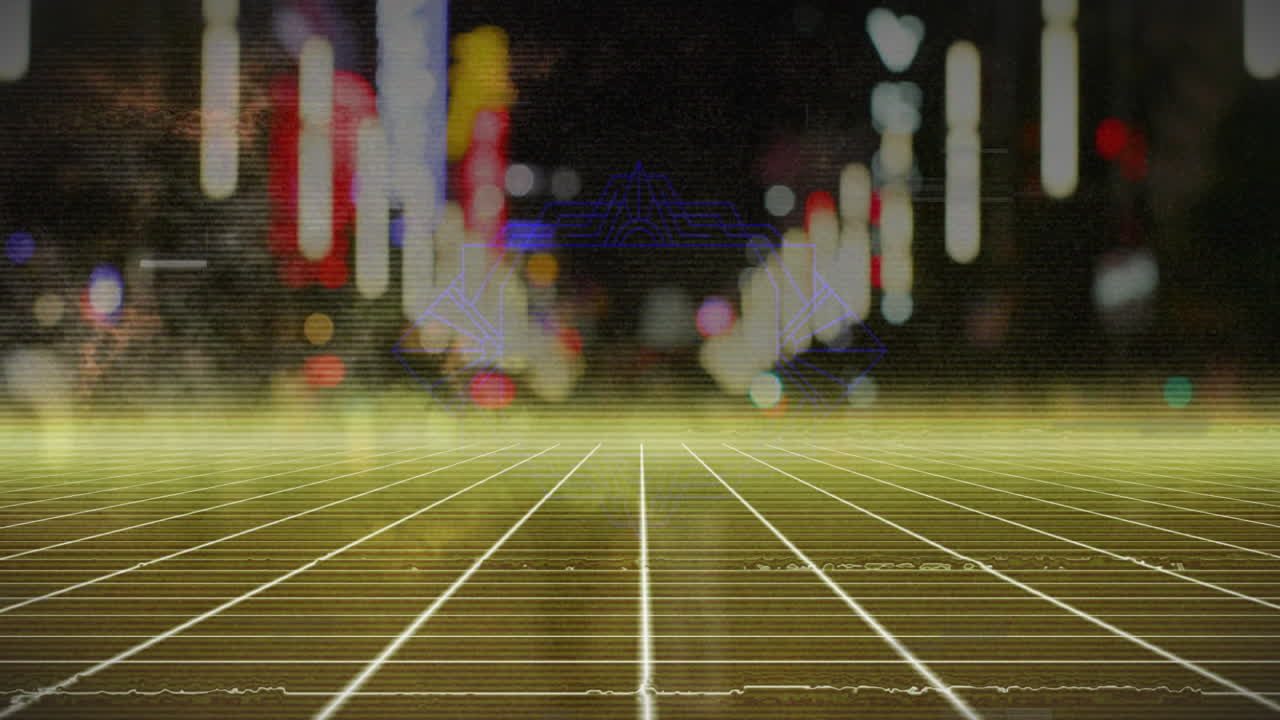 3D neon-lit scene showing glowing yellow grid extending to horizon with hovering purple wireframe