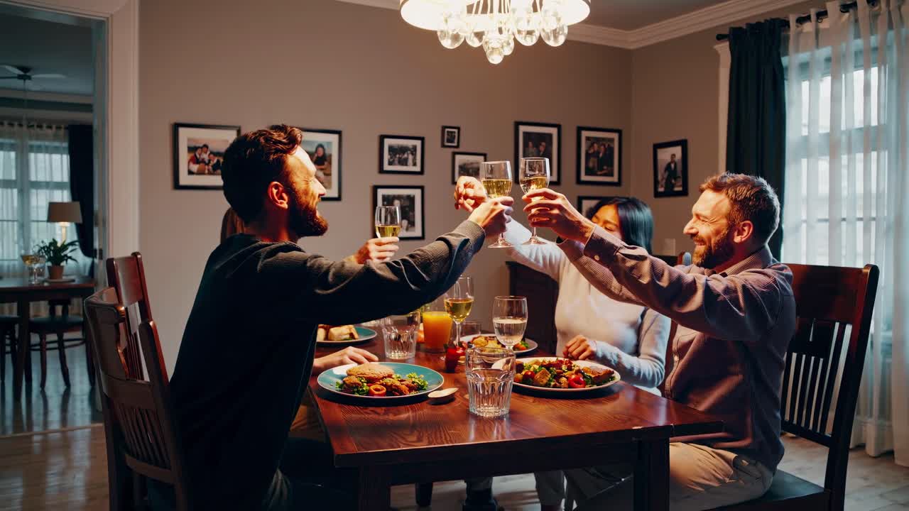 Happy Friends Toasting with Wine Glasses During a Dinner Party at Home