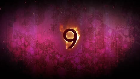Animation-of-number-9-in-flames,-on-red-vignette-background