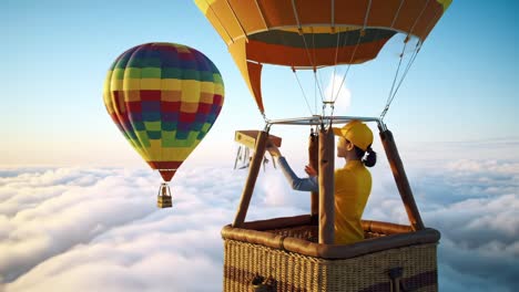 aerial adventure: spectacular hot air balloon journey high above the clouds with a dedicated passenger navigating in a colorful balloon landscape