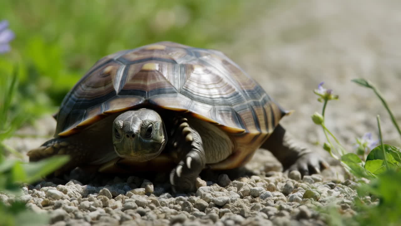 Schildkröte auf Kiesweg, sonnenbeschienene Nahaufnahme offenbart texturierten braunen Panzer und neugieriges Gesicht, das aus dem Panzer lugt