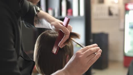 close up view of a hairdresser's hands cutting hair with scissors. young woman getting her hair dressed in hair salon