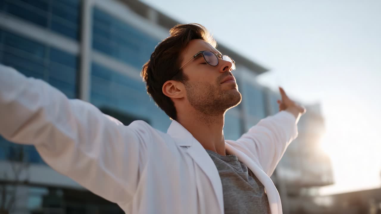 A confident man wearing a lab coat stands in an urban setting, arms outstretched, enjoying the sun and exuding a sense of freedom and optimism against a backdrop of modern architecture
