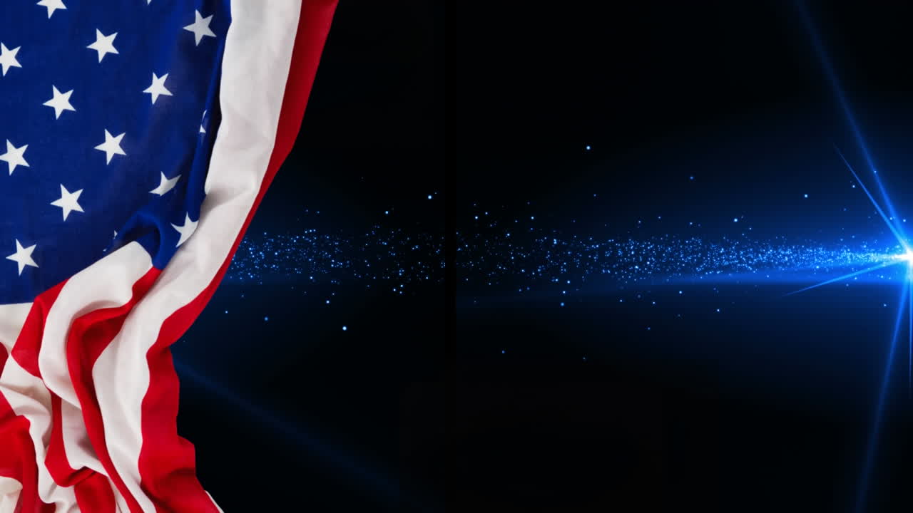 Animation of waving usa flag and glowing spots over dark background