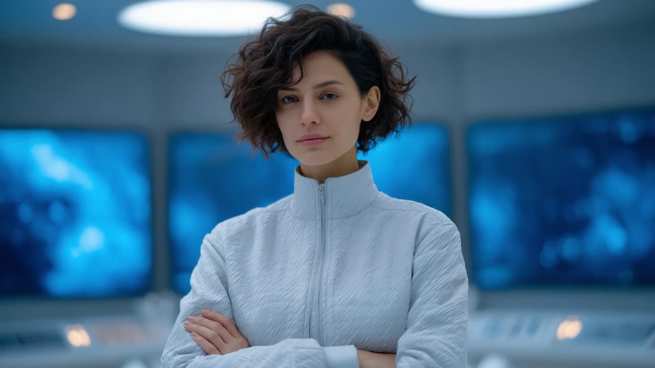 A Pensive Space Explorer in a Futuristic Control Room, Contemplating Her Next Move in an Advanced Technological Environment with a Depth of Expression