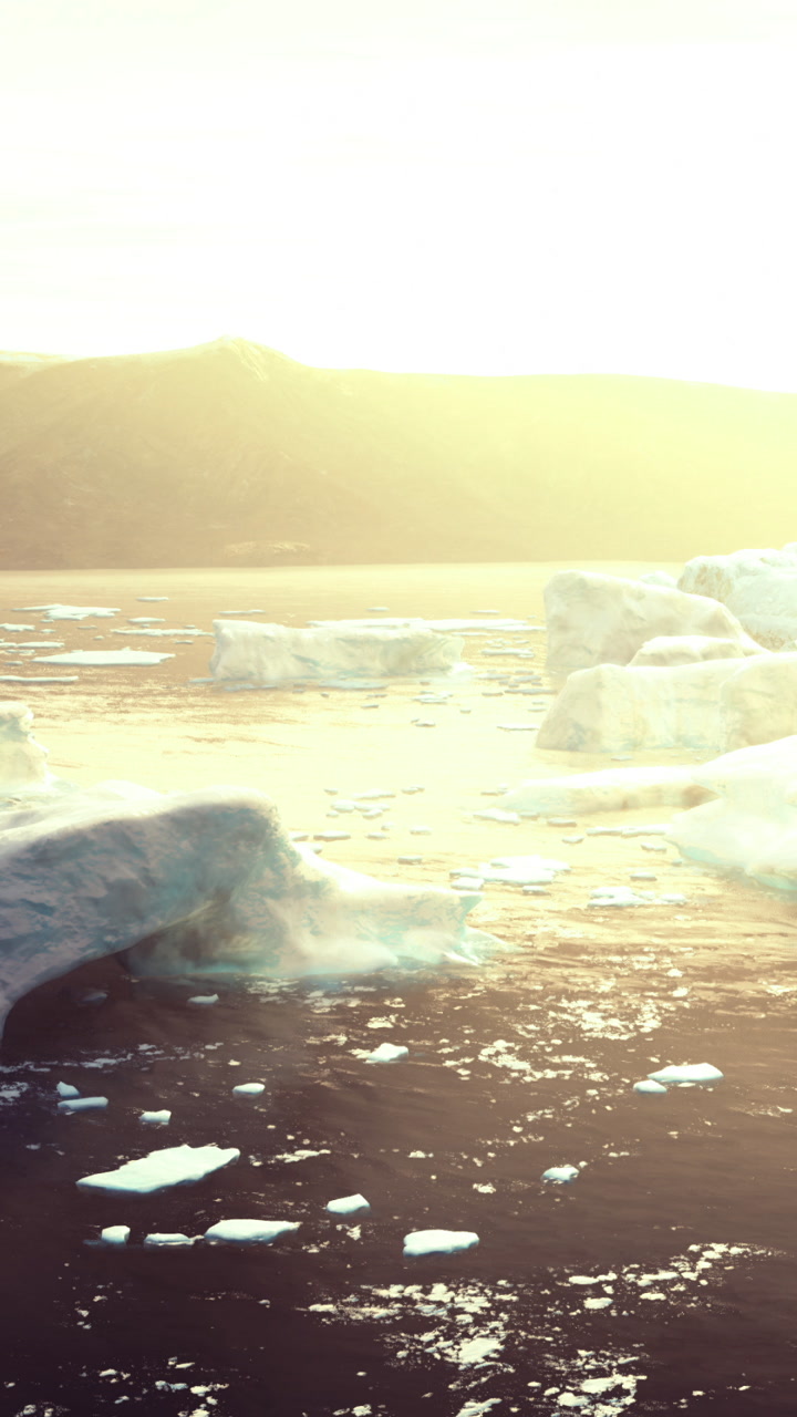 Sunlight shines over icebergs in a remote body of water during the day