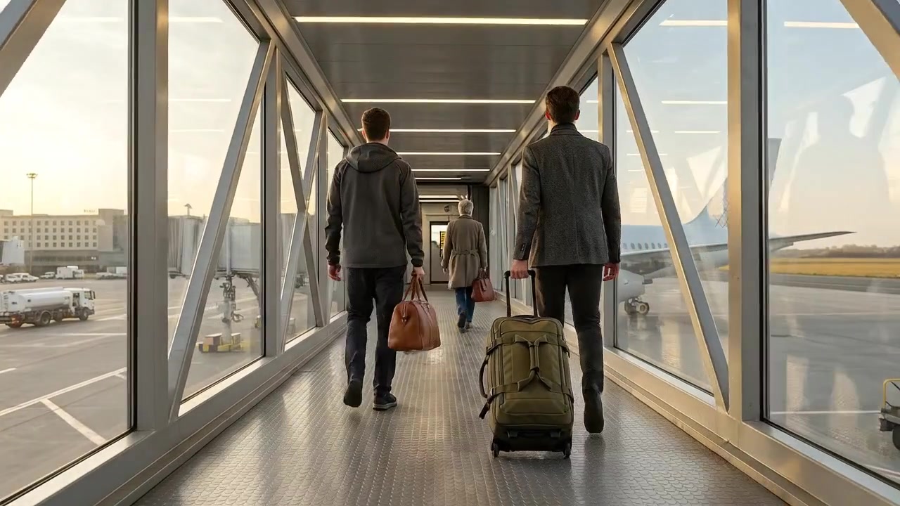 Business Travelers Walking Through Modern Airport Terminal With Luggage