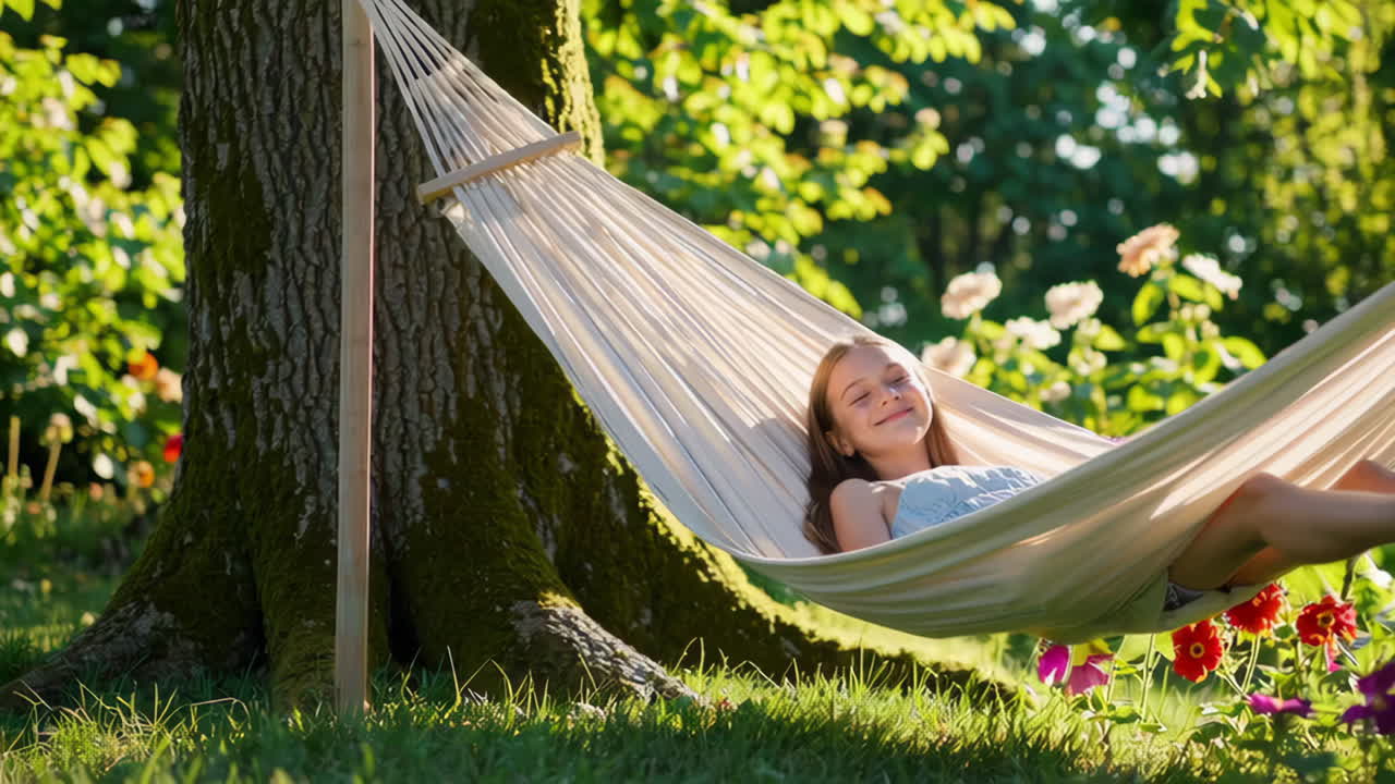 Young girl relaxing in a hammock under a tree in a sunny garden