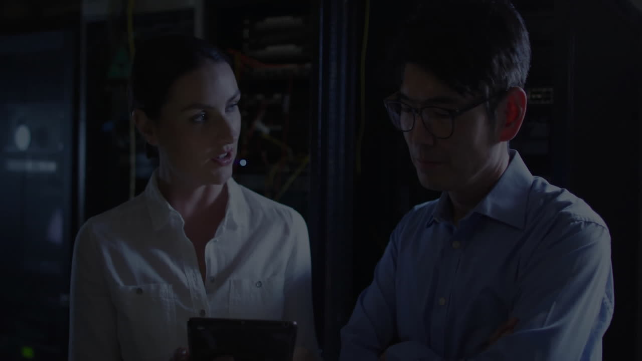 In office, woman analyzing digital animation with blue and green data visualization