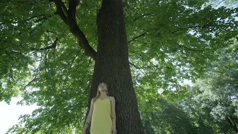 woman in yellow dress dancing by tree in summer park