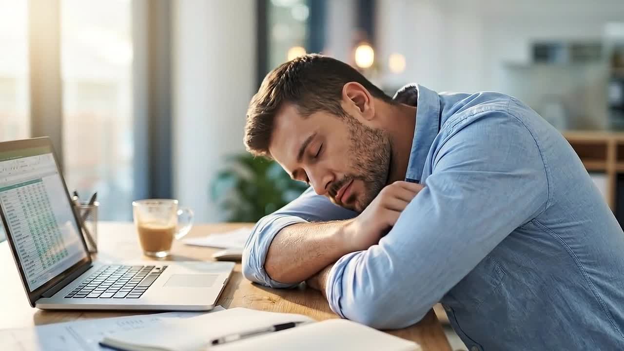 Uomo stanco che dorme sulla scrivania in ufficio