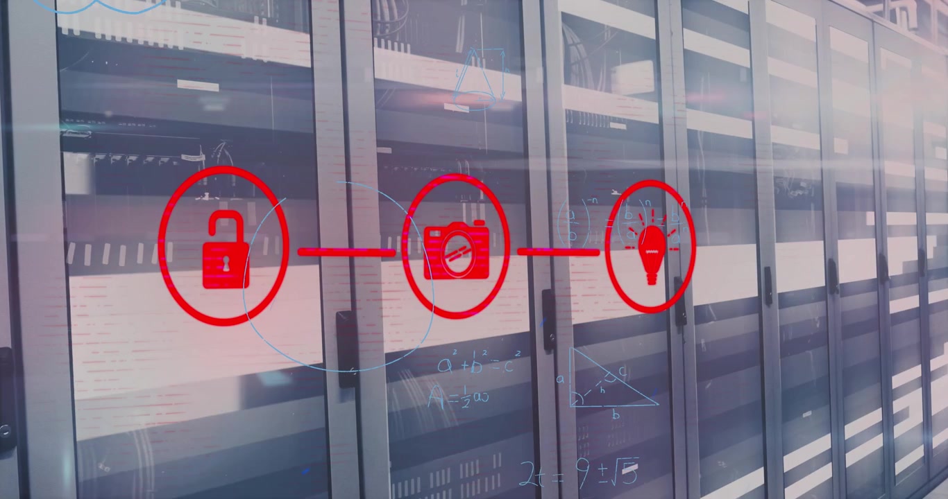 Animation of digital icons and data processing over server room