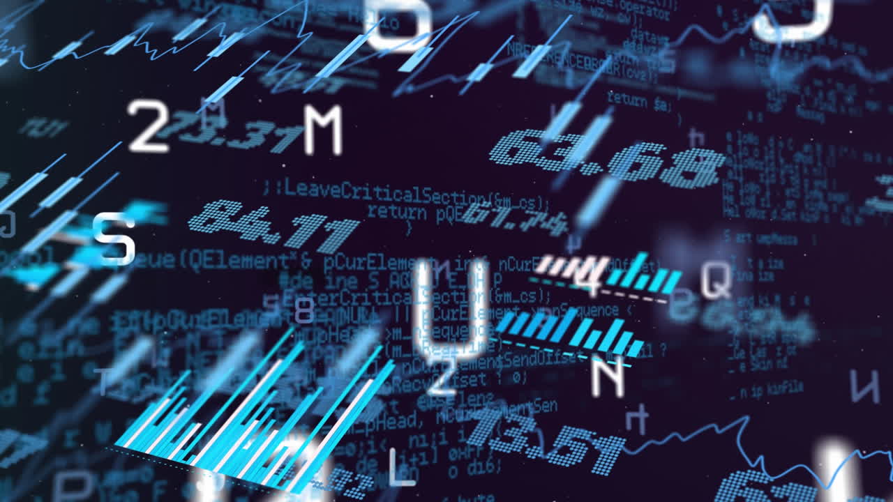 Animation of financial data processing over black background
