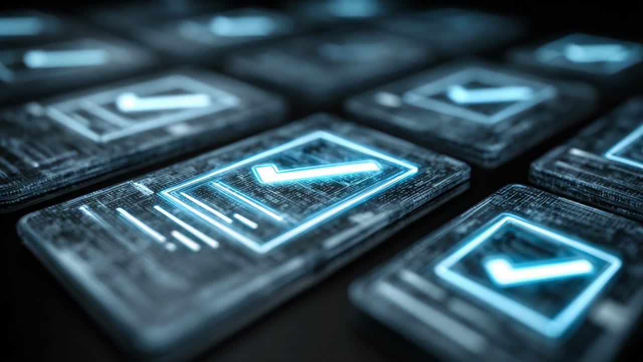 A Futuristic Display of Digital Devices Featuring Checkmarks, Symbolizing Approval, Confirmation, and Completion in a High-Tech Environment