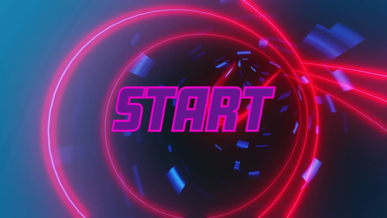 Animation of start text over moving neon shapes