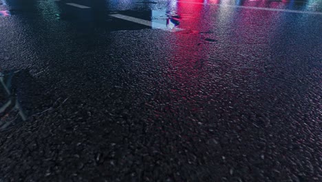 3d heavy rain hitting road at night - 4k realistic rain particle (loopable) - rainy day on a colorful street with traffic - wet road at night - low angle shot of in the rain - rainfall and reflection on road - loopable moving image - japan