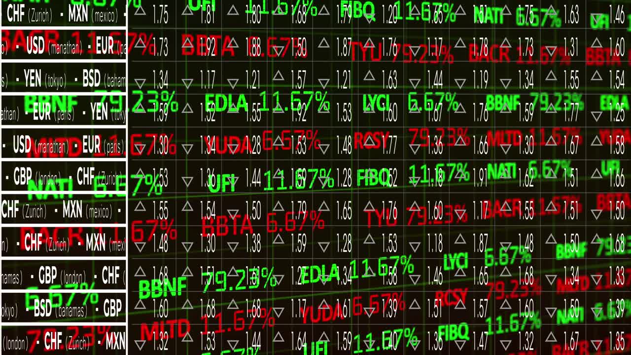 Animazione di elaborazione di dati finanziari e statistiche su sfondo nero