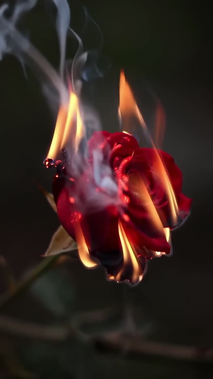 Video ravvicinato di una rosa che brucia, che cattura fiamme spettacolari da un angolo laterale, Live mobile