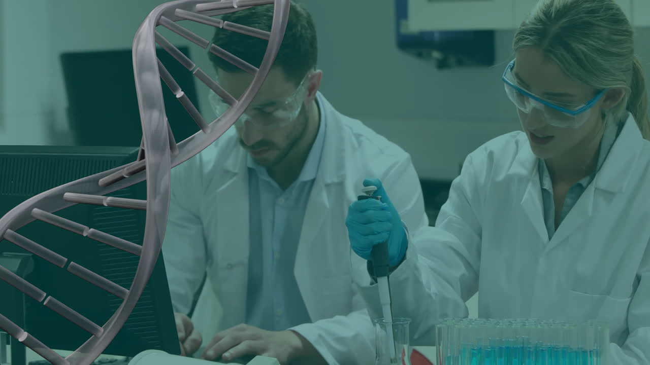 анимация цепи днк над различными учеными в лаборатории