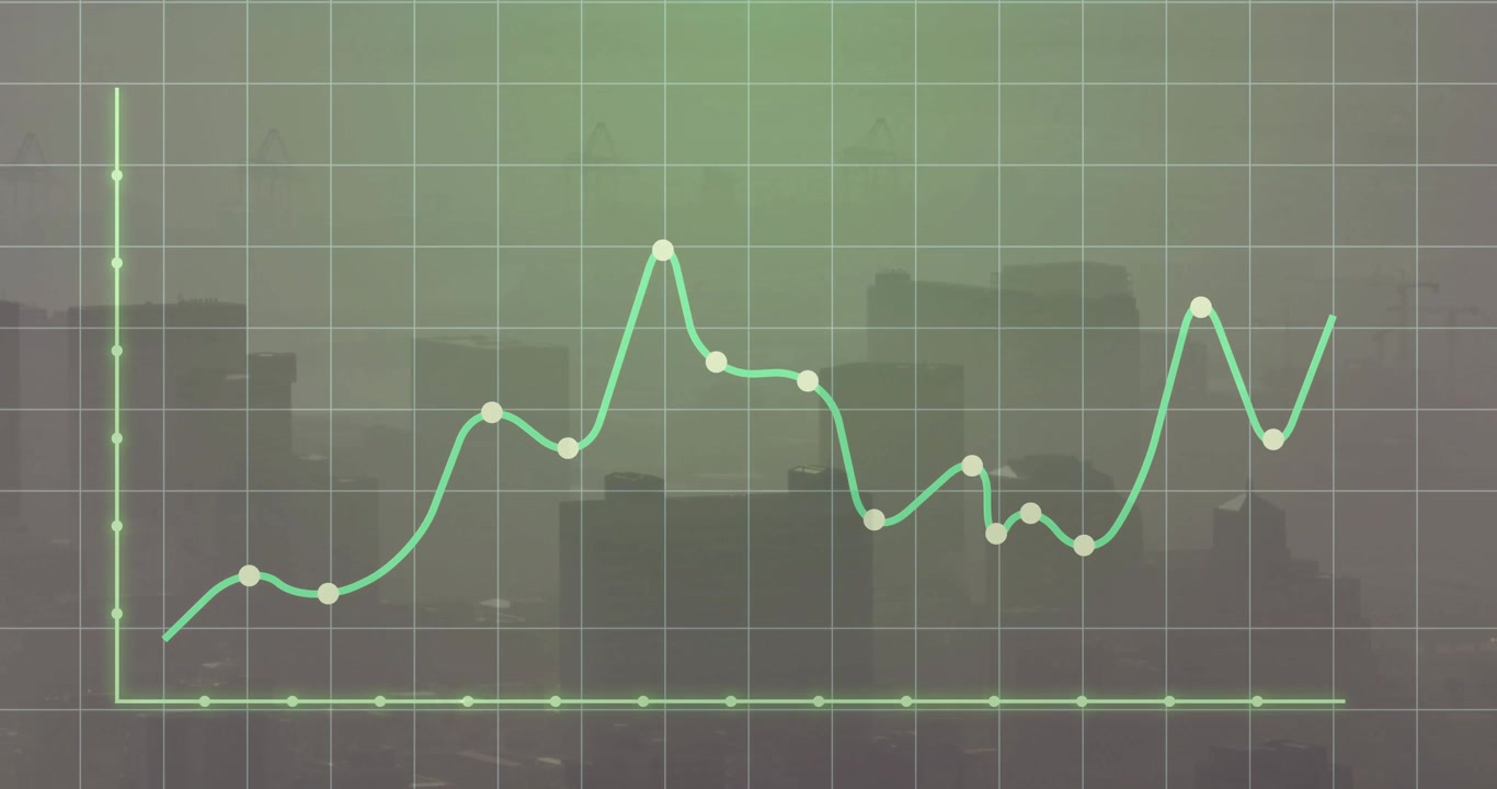 Finansiel vækstgraf animerer på et semi-transparent gitter over en diset bysilhuet, fladt design.