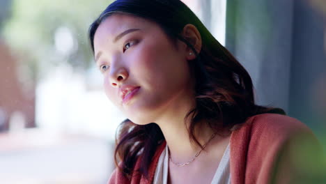 window, thinking and asian woman with stress