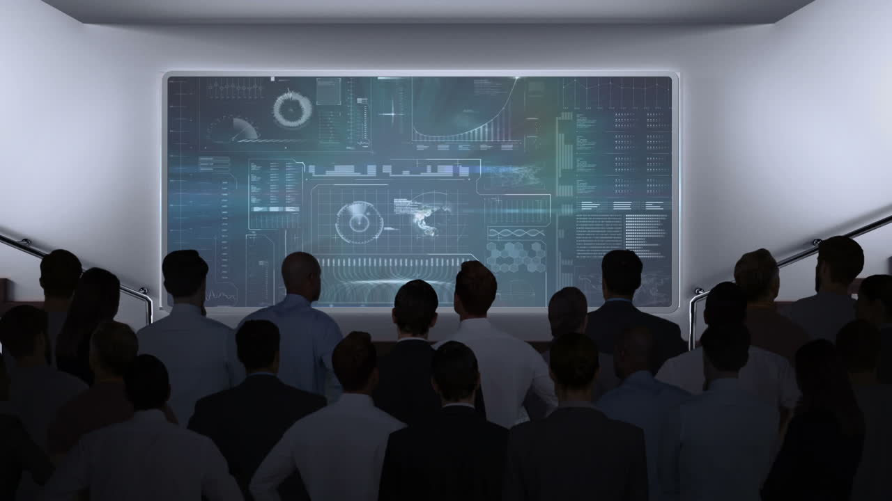 스크린에서 데이터 인터페이스를 보는 비즈니스 사람들