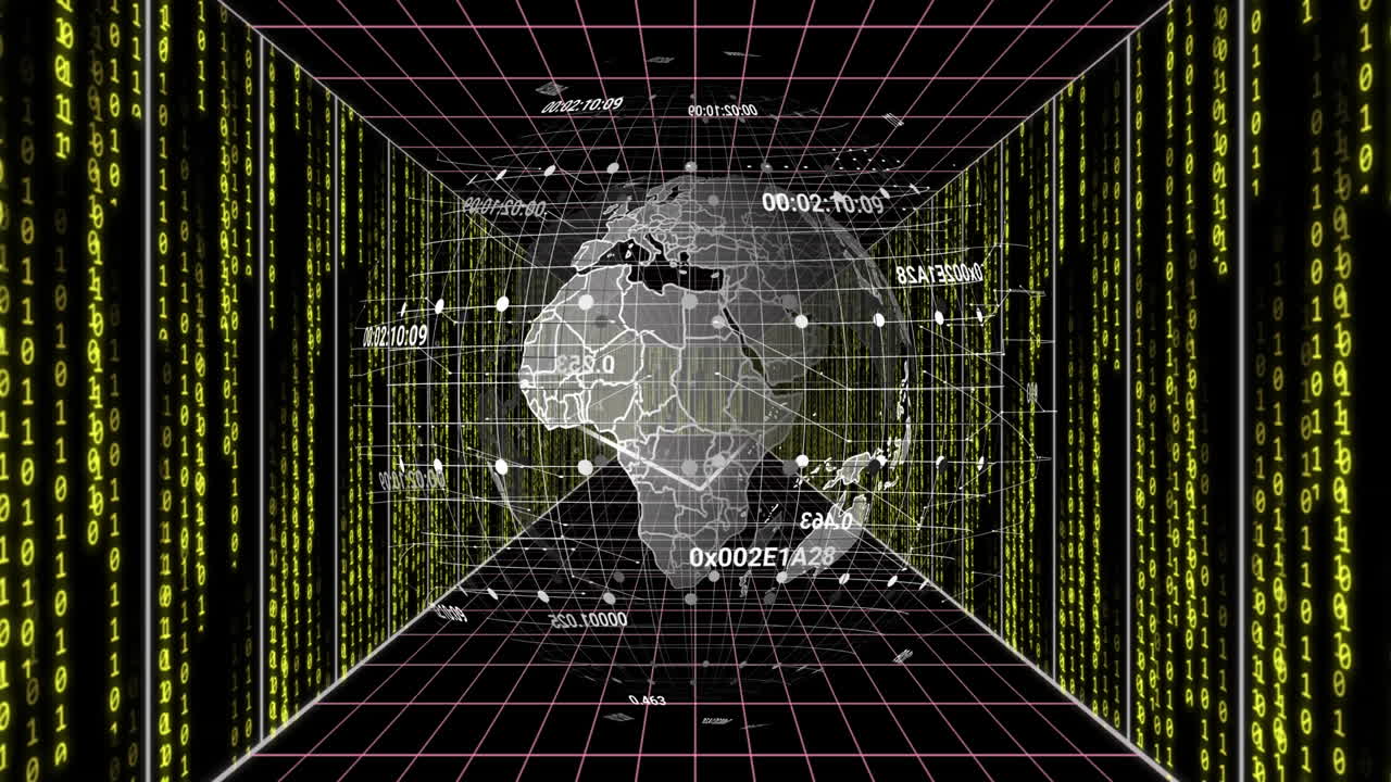Animation of globe and data processing over computer servers