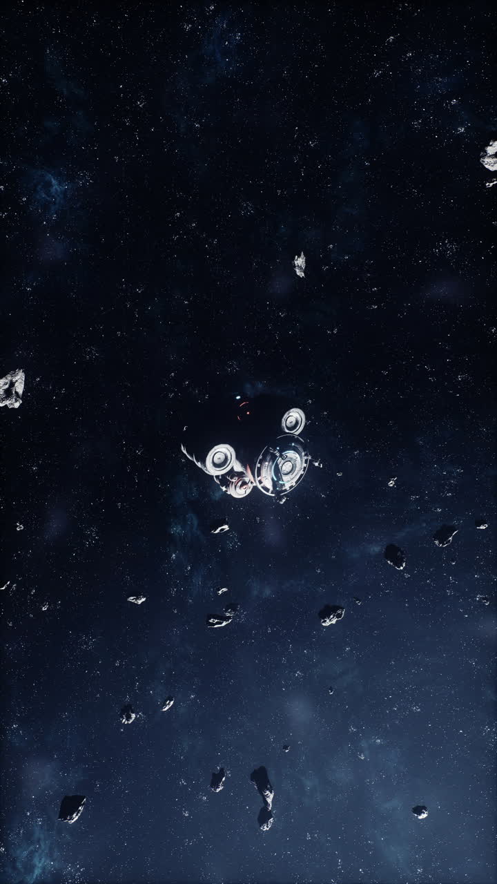 una nave espacial viaja a través de la vasta extensión del espacio, rodeada por un campo de estrellas y asteroides.