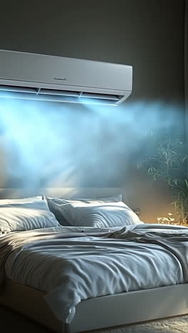 cozy ac bedroom at sunset. warm sunlight fills the cozy bedroom with a soft glow as the air conditioner blows cool air over a neatly made bed.