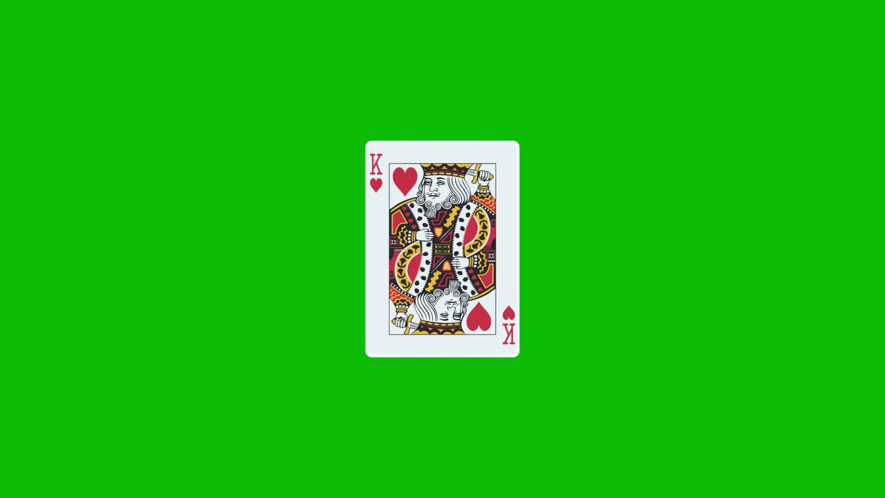 King of hearts poker card spins and reveals on green screen, 3D animation. You can adjust the timing of the clip to control the reveal effect
